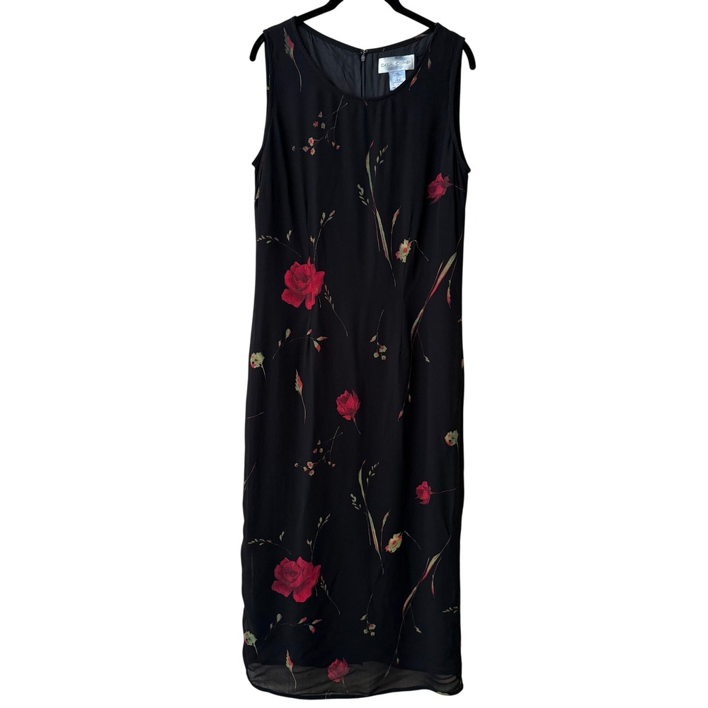 Casual Corner Women 90s Whimsigoth Dark Floral Maxi Dress Size 12 Black Red Rose